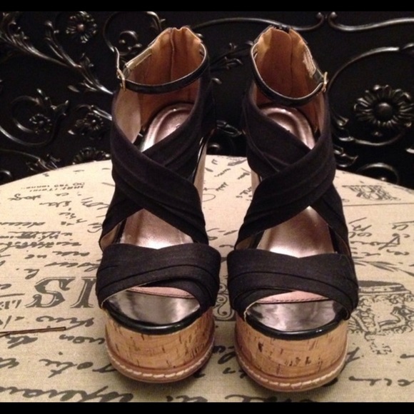 Black Strappy Wedges - Picture 1 of 4